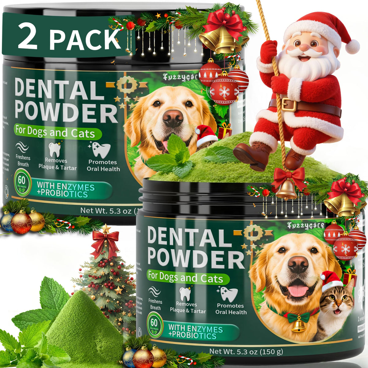 Fuzzycare dog dental powder 150g jar illustrates long lasting oral care