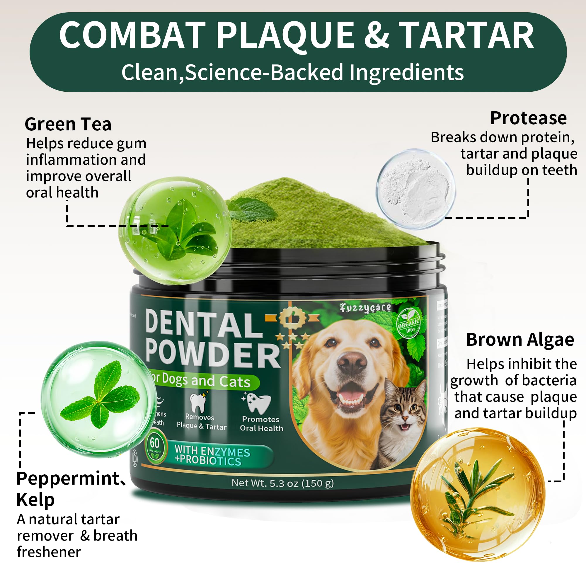 Fuzzycare ingredients bowl showing probiotics and kelp for dental health