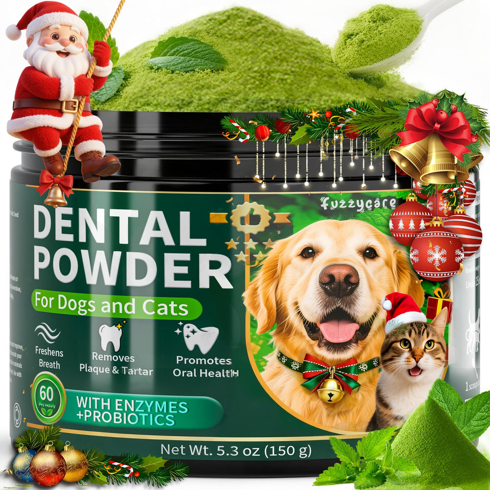 Fuzzycare dog dental powder tub close-up for convenient daily care