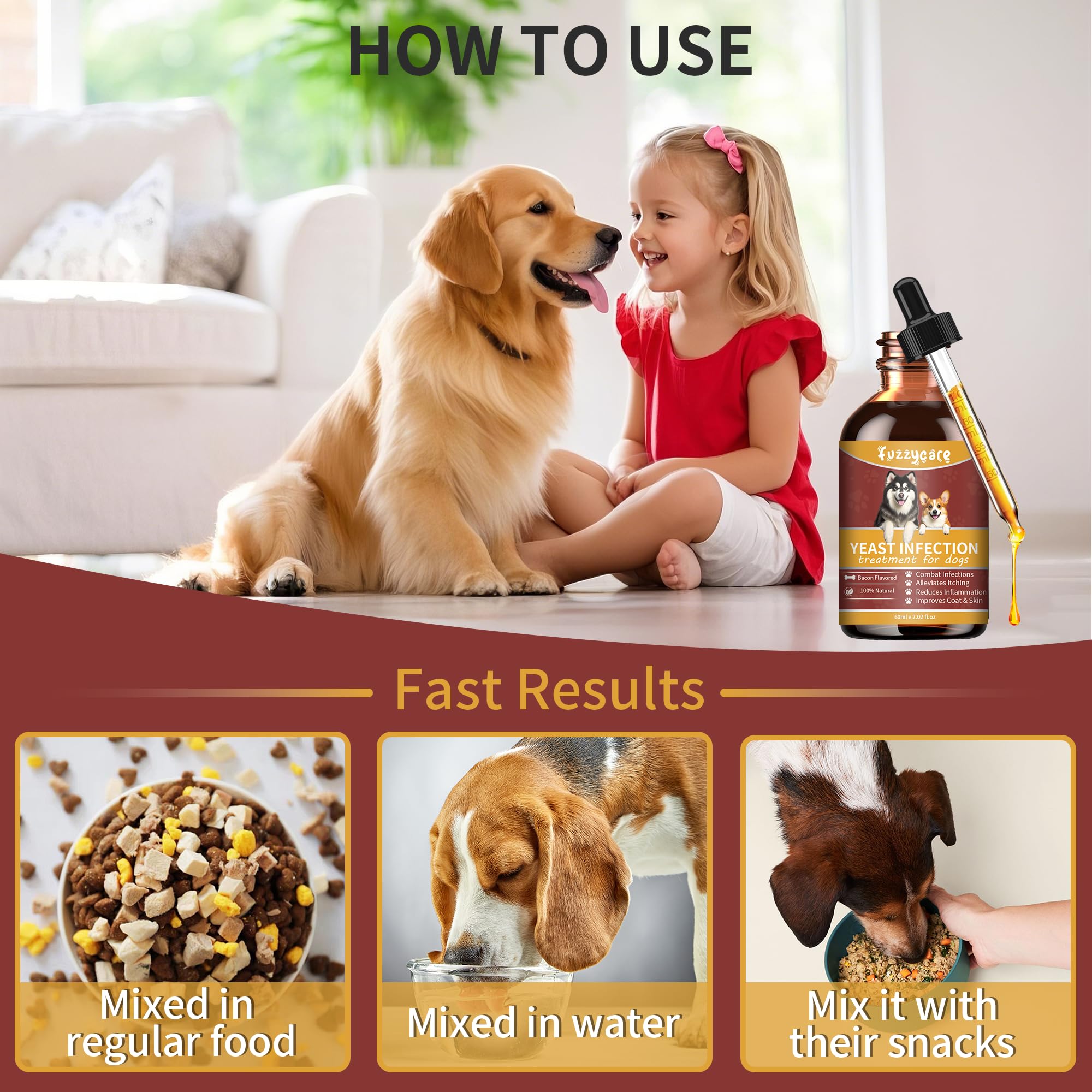 Fuzzycare dog and owner mixing drops with water demonstrates easy administration.