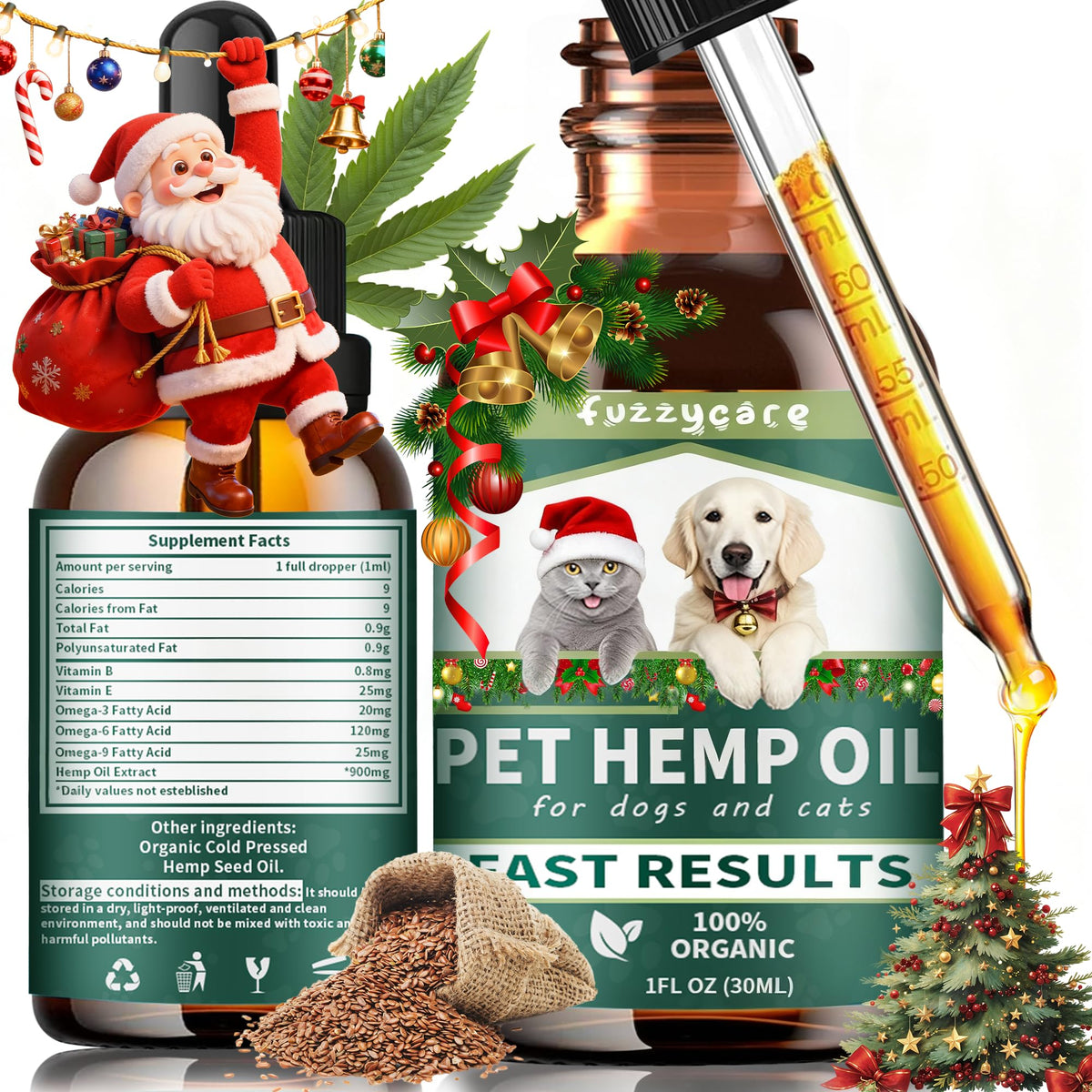Fuzzycare hemp oil dog-cat bottle highlighting calming relief for anxious pets.