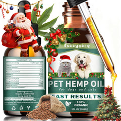 Fuzzycare hemp oil dog-cat bottle highlighting calming relief for anxious pets.