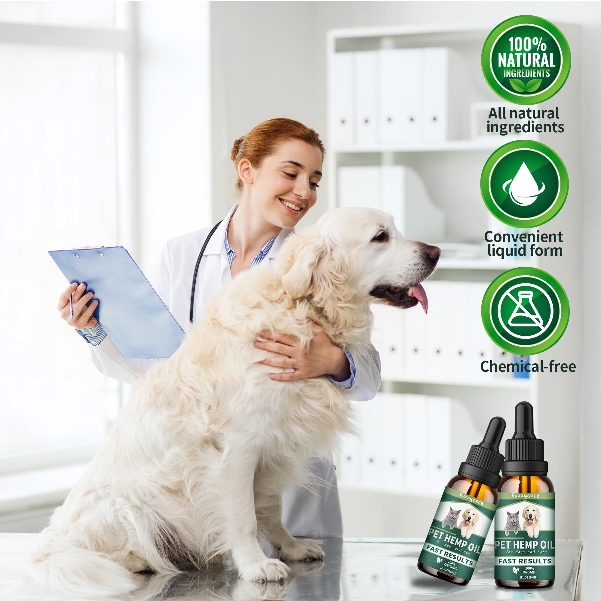 Fuzzycare hemp oil heart-immune pet shot suggesting overall wellness.
