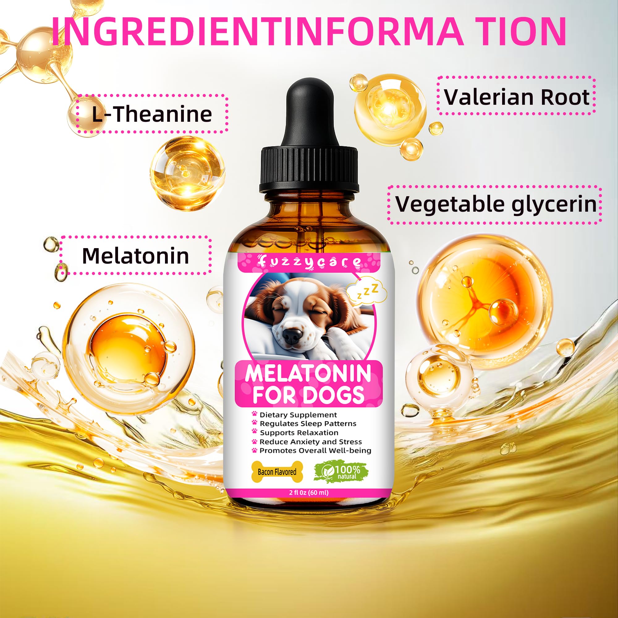 Fuzzycare melatonin packaging highlights natural ingredients for pet wellbeing.