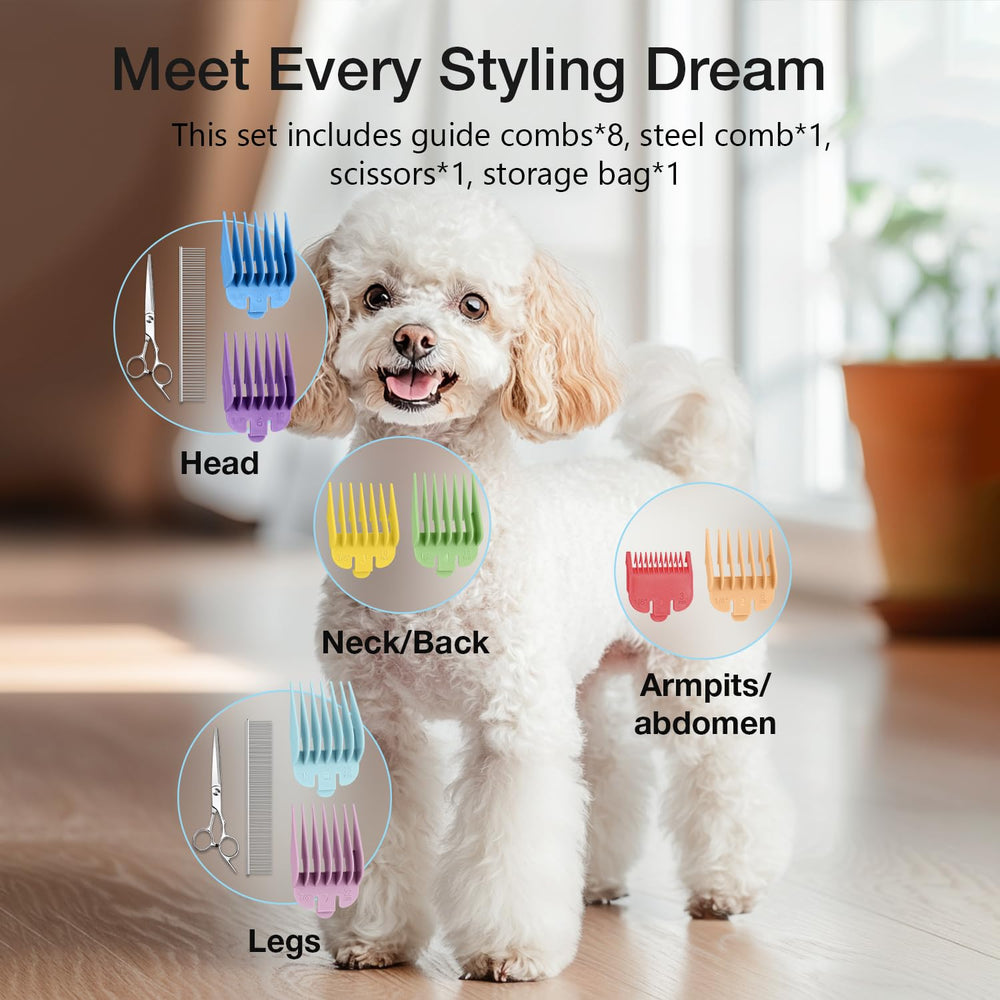 FuzzyFix 8 guard combs included for coat lengths and styling options.
