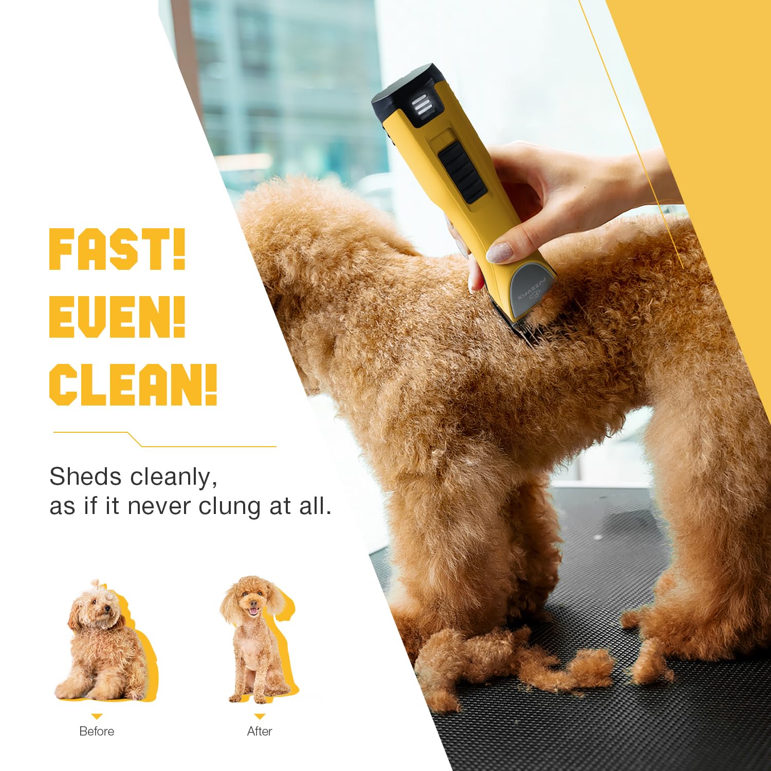 FuzzyFix charging stand shown keeping the workstation organized for quick grooming.