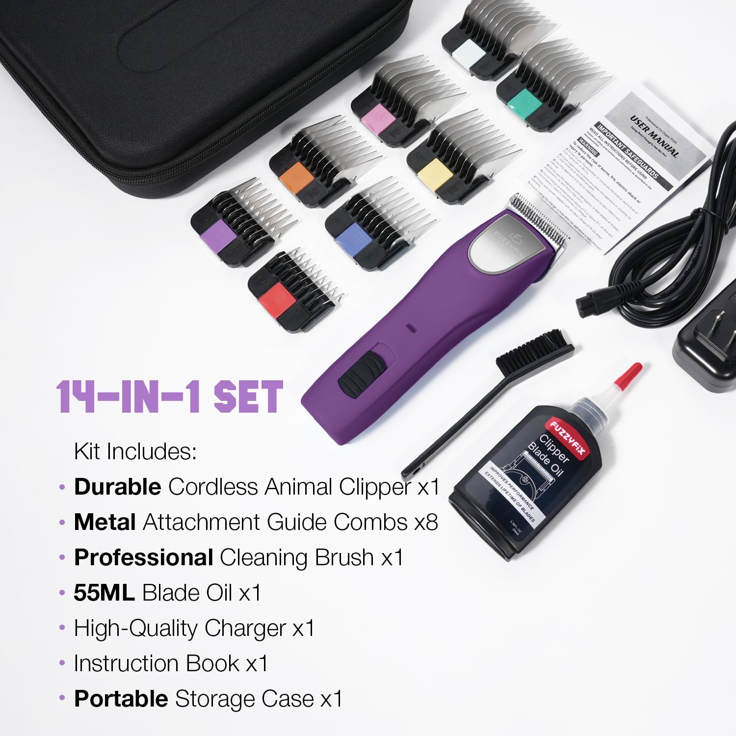 FuzzyFix cleaning brush and blade oil for easy maintenance between grooms