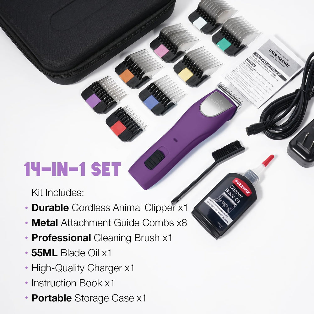 FuzzyFix cleaning brush and blade oil for easy maintenance between grooms
