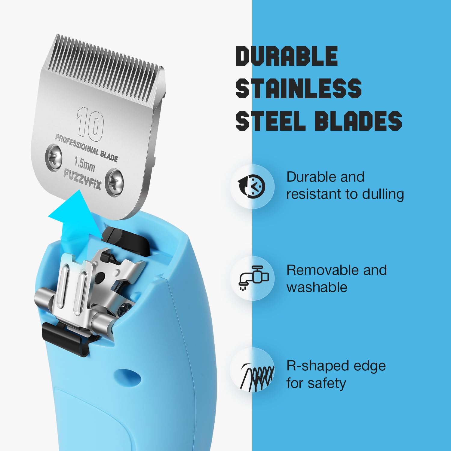 FuzzyFix clippers R-shaped edge safety supports confident trimming.