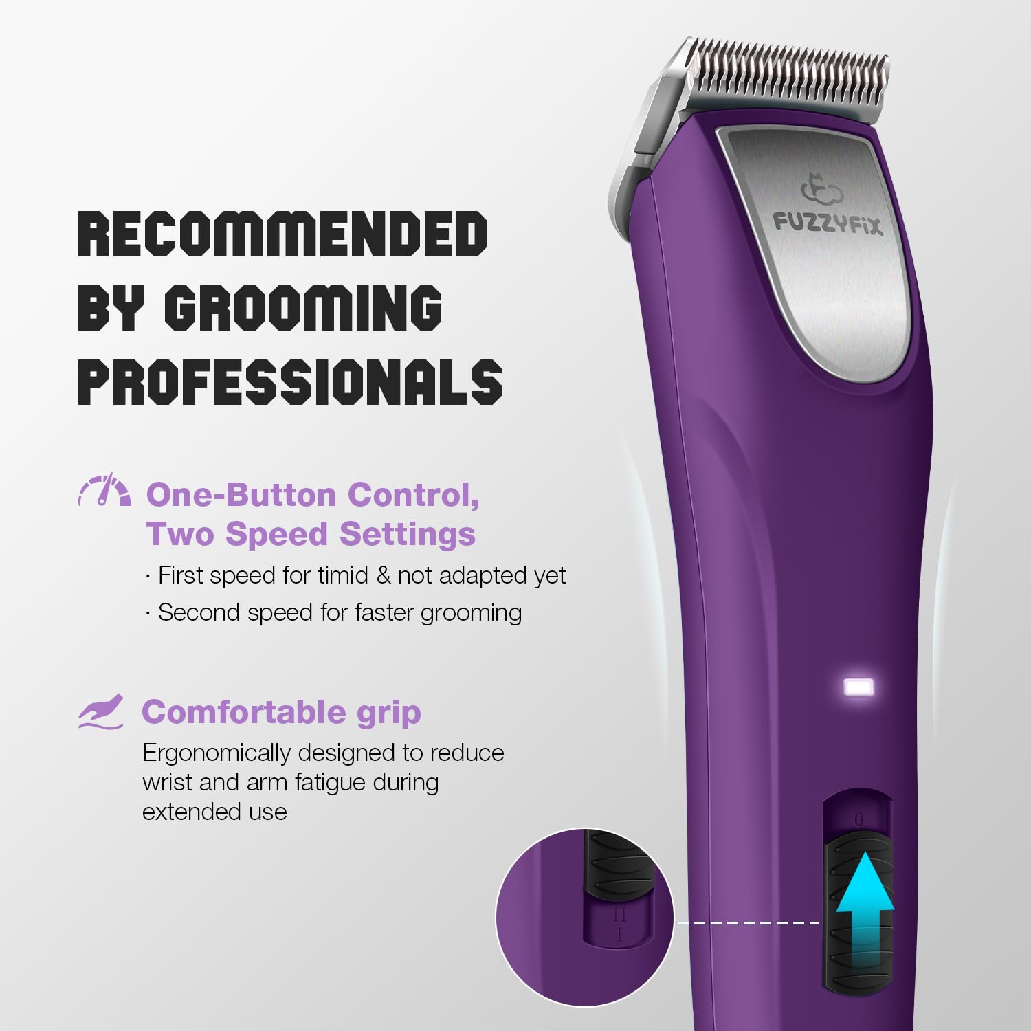 FuzzyFix cordless grooming clipper in hand for flexible grooming sessions
