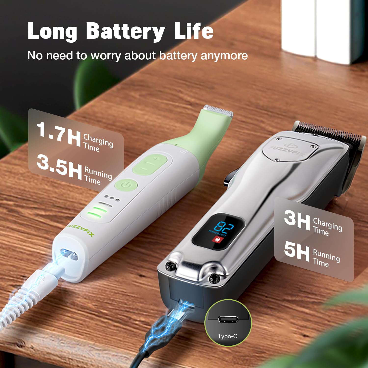FuzzyFix dog grooming kit lcd-display battery status at a glance