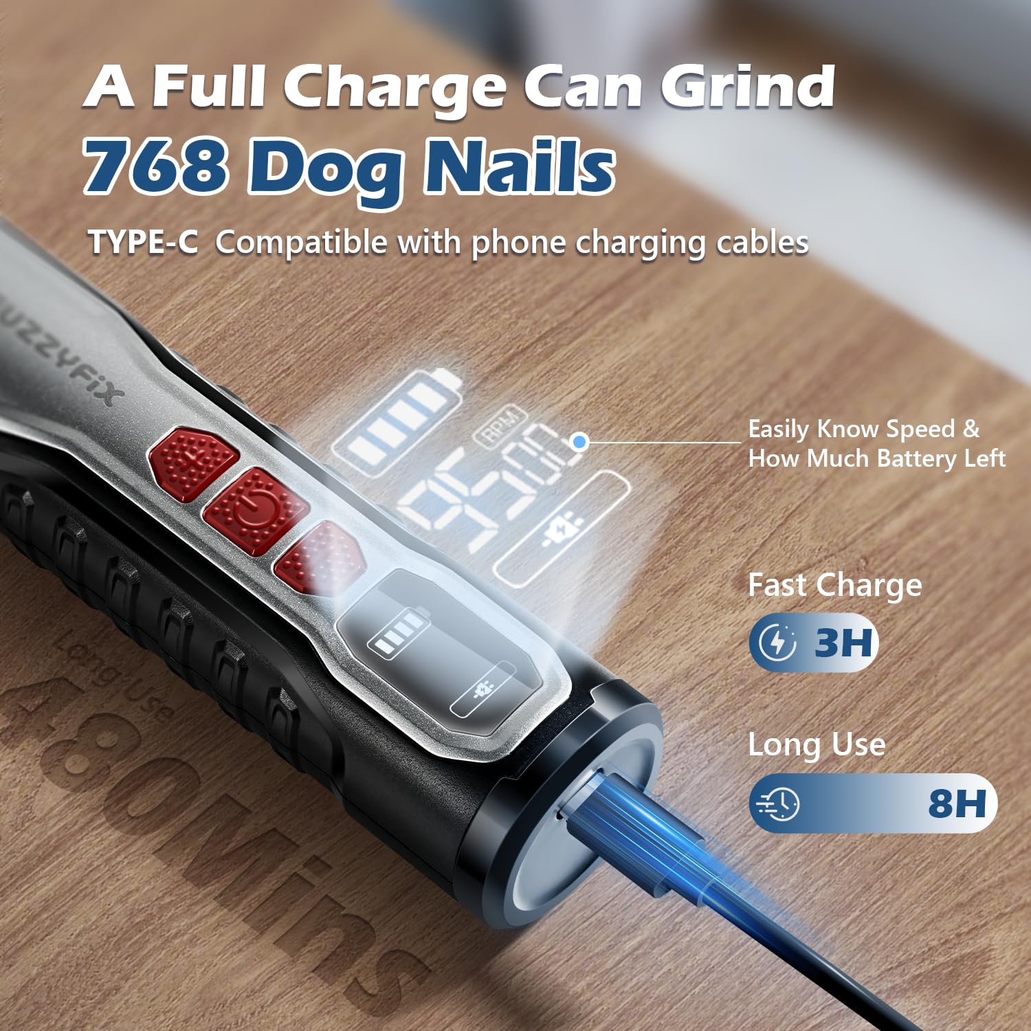 Three grinding ports on the FuzzyFix grinder for versatile trimming on different nails.