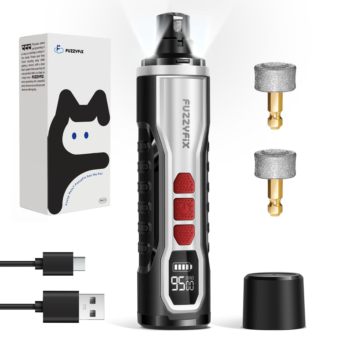 FuzzyFix dog nail grinder in front view showing compact design for quiet, controlled trimming.