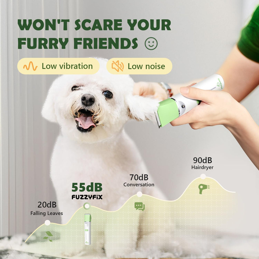 FuzzyFix low-noise grooming reduces stress during sessions for pets