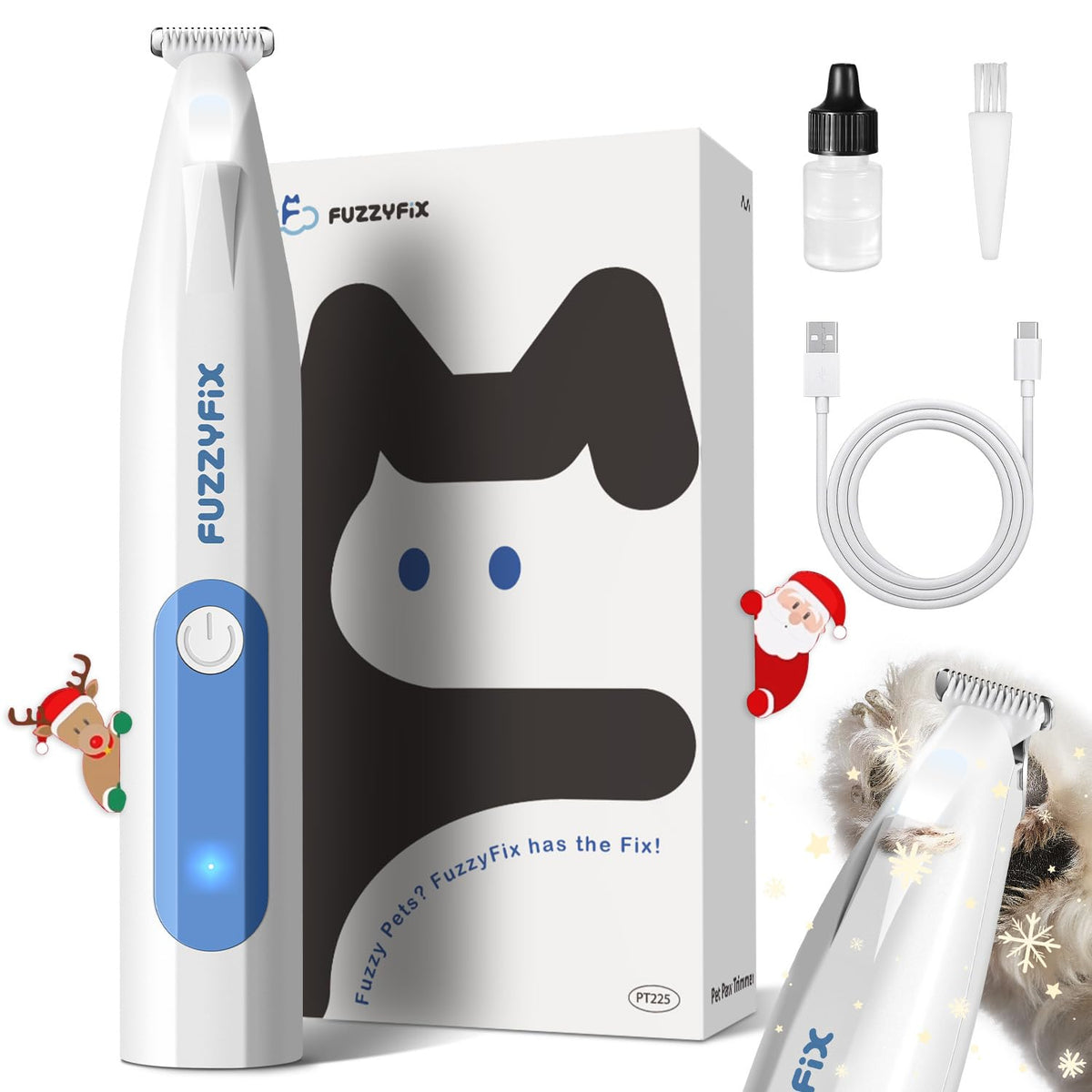 FuzzyFix paw trimmer LED light setup improves precision during low-light grooming.