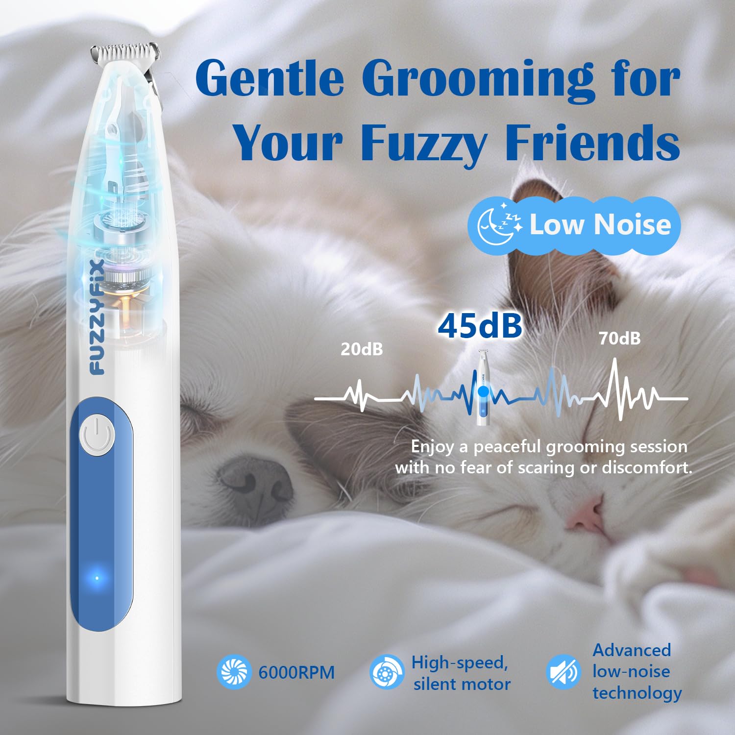 FuzzyFix paw trimmer low-noise 6000rpm promotes calm grooming sessions.