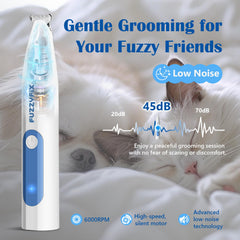 FuzzyFix paw trimmer low-noise 6000rpm promotes calm grooming sessions.