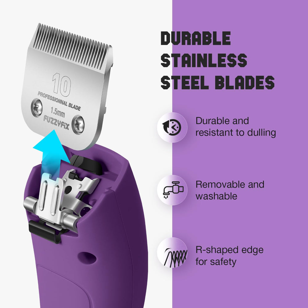FuzzyFix stainless steel blades close-up showing durability for steady trims
