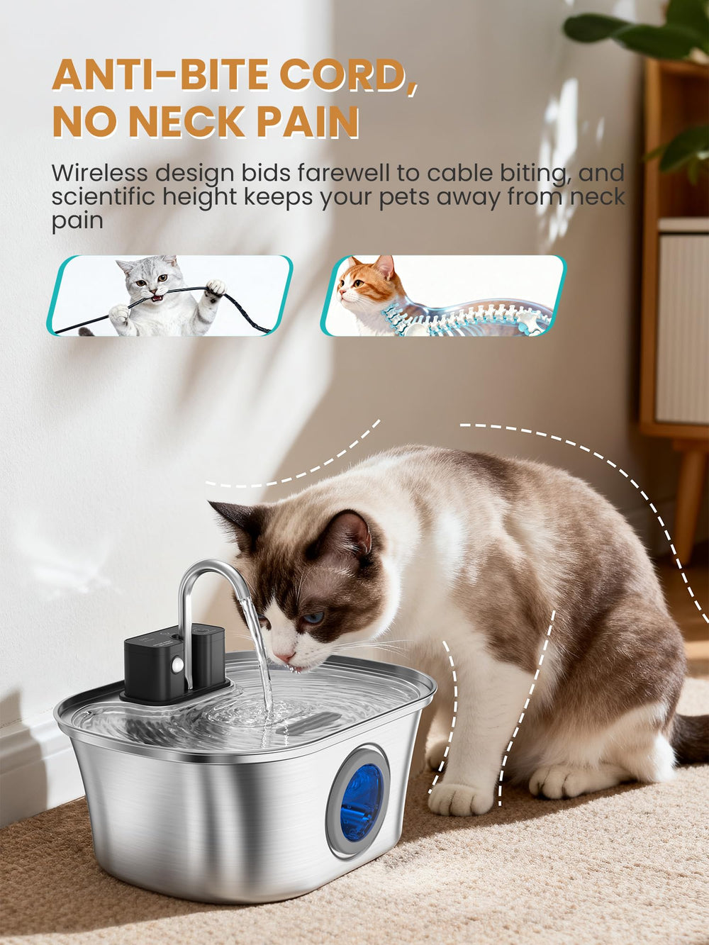 FWMB Cat Water Fountain capacity-108oz highlights ample water for multiple pets.