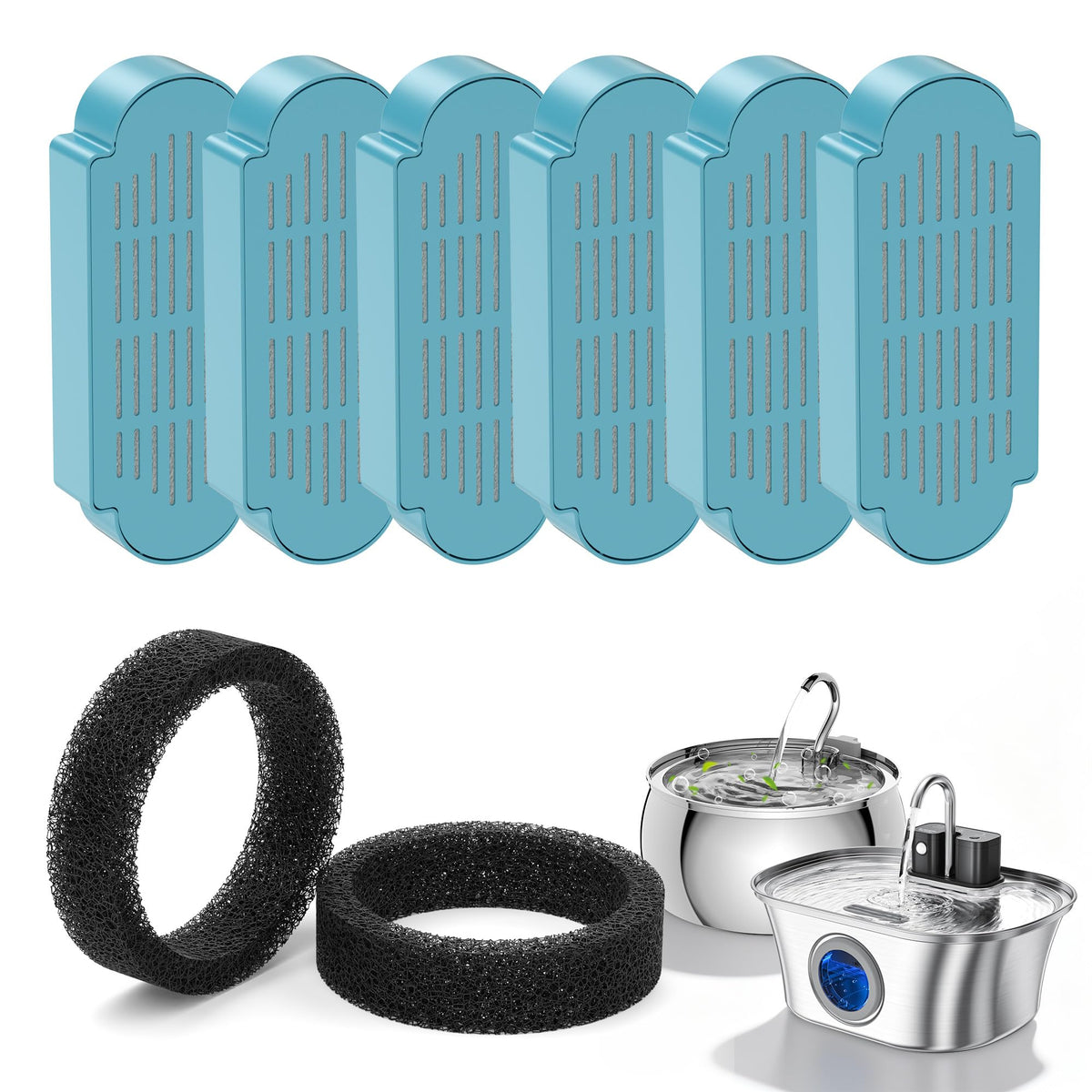 FWMB cat fountain filter 6-pack packaging shows easy replacement.