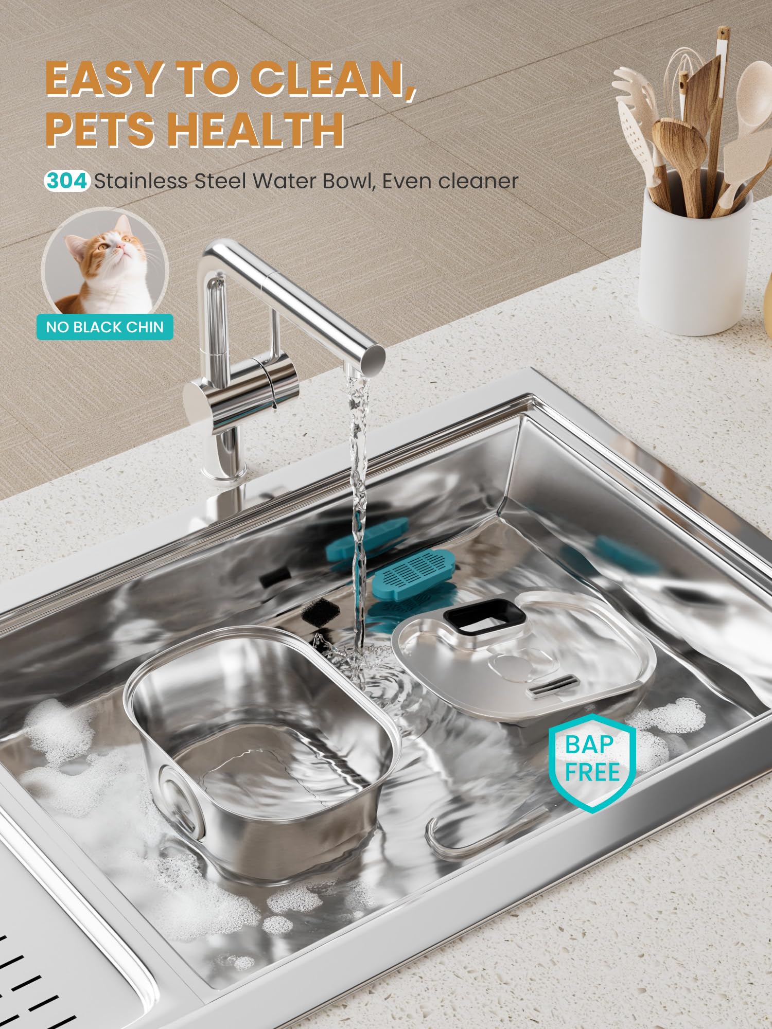 FWMB Cat Water Fountain transparent-water-level-window helps monitoring water.