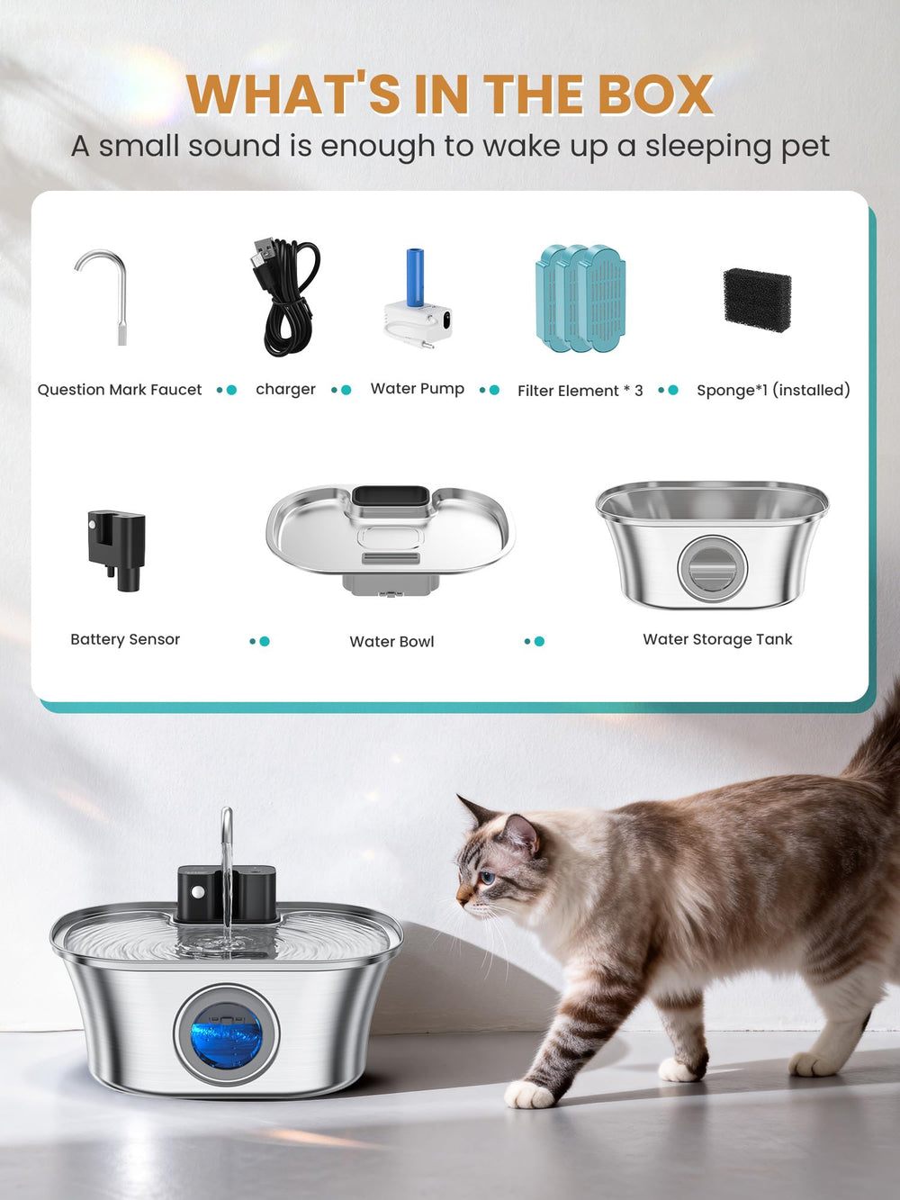 FWMB Cat Water Fountain visual-water-level-check enables timely refills.