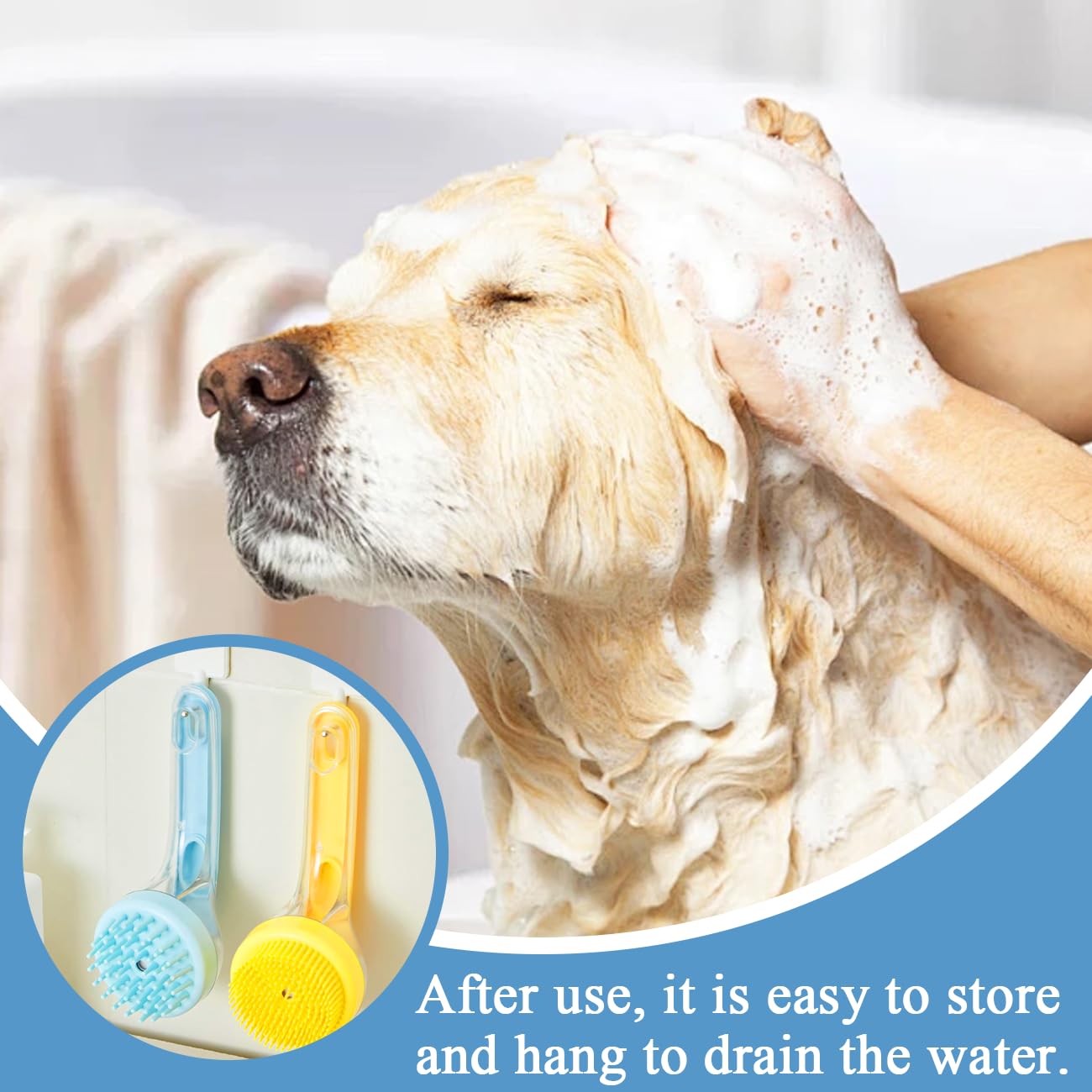 FWYDRJZC dog bath brush built-in shampoo dispenser closeup demonstrating mess-free application