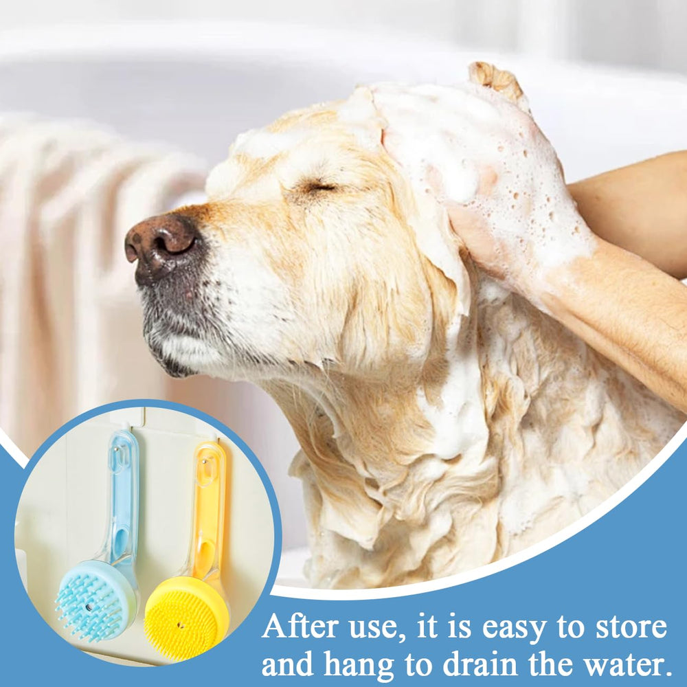 FWYDRJZC dog bath brush built-in shampoo dispenser closeup demonstrating mess-free application
