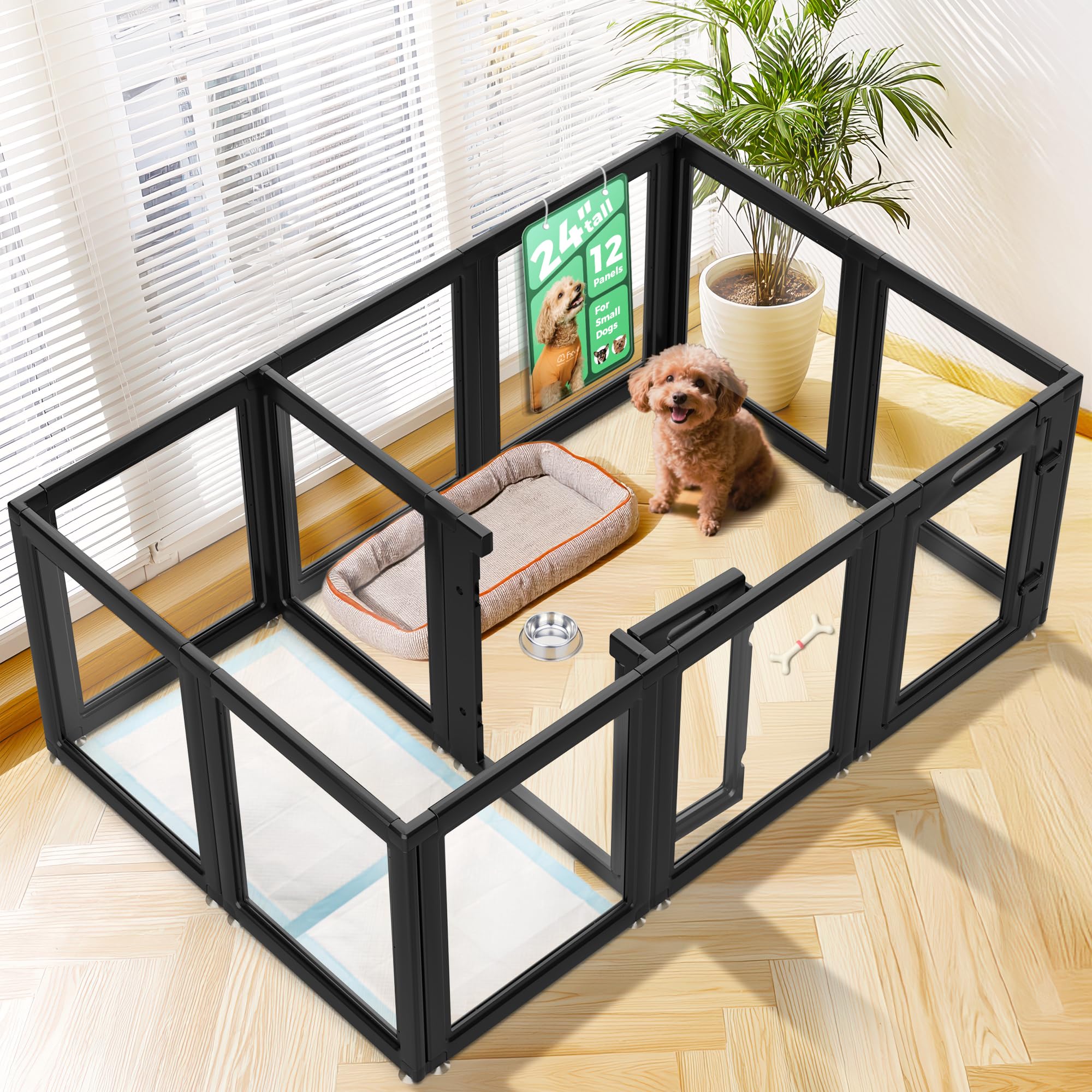 FXW AuraSpace 24in dog playpen front view with clear panels for monitoring.