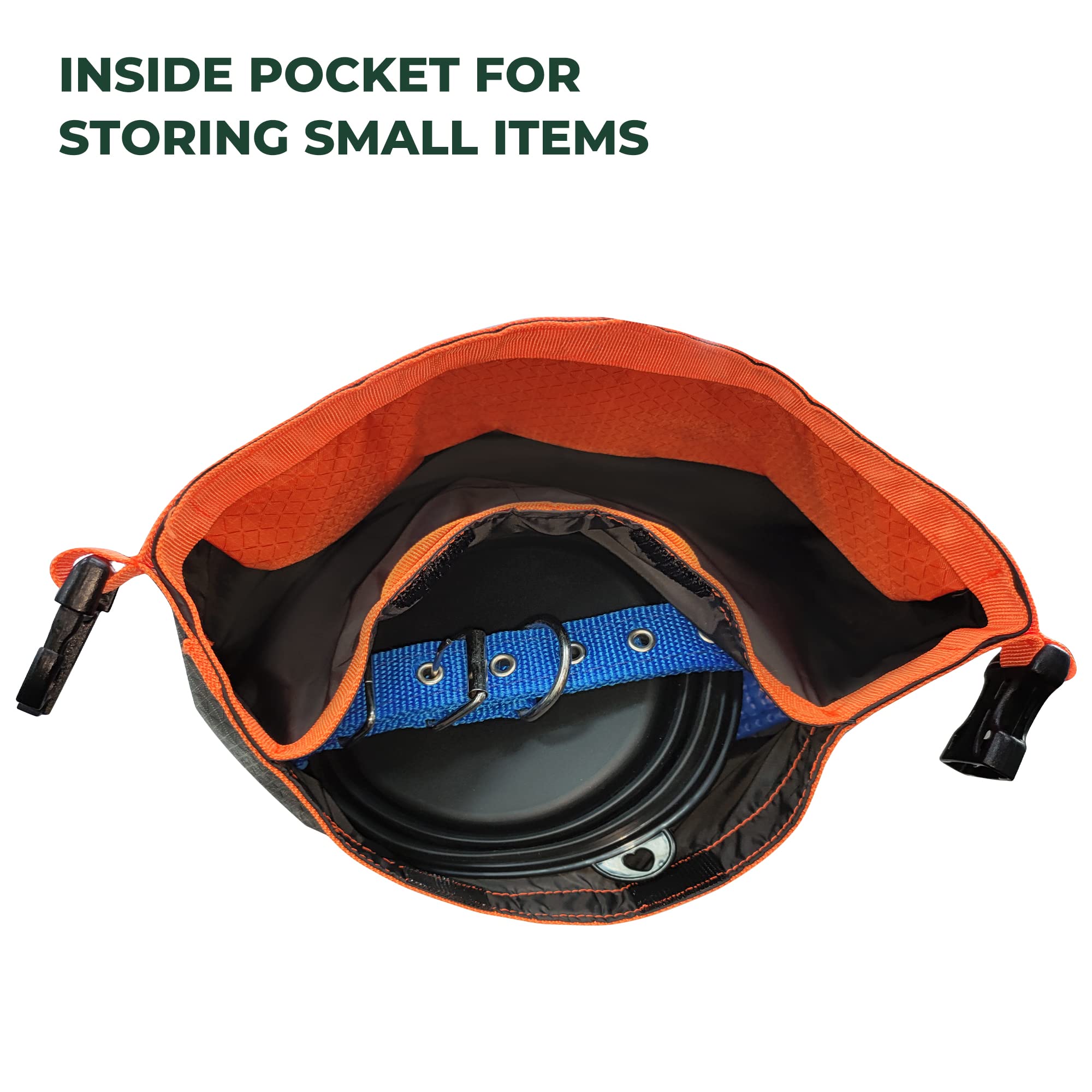 FXW dog food travel bag roll-down closure seals odors and saves space.