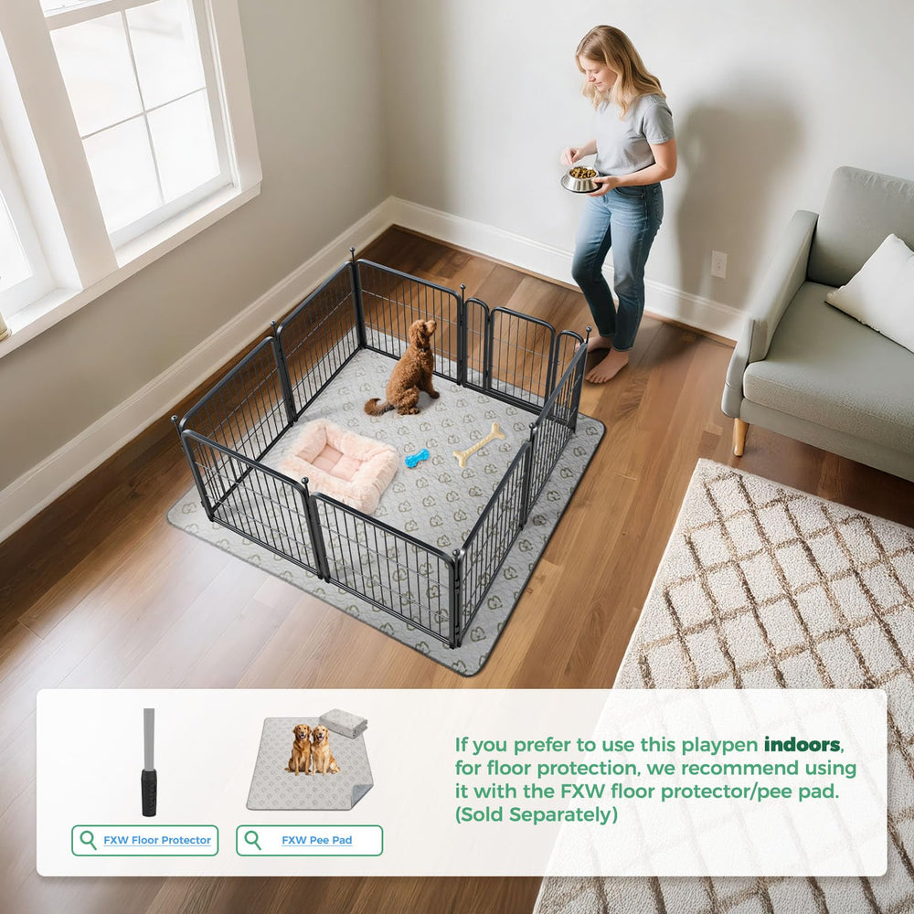 FXW Rollick indoor playpen on a pet pad provides a safe, cozy space.