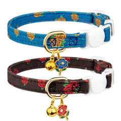 FYEQYAOU 2 pack cotton breakaway cat collar with blue black rose pendant for gentle everyday wear