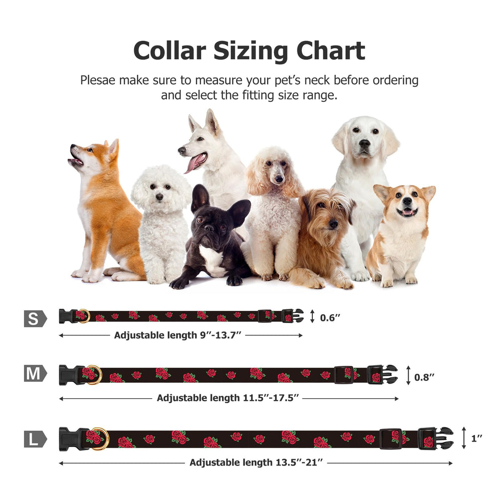 FYEQYAOU adjustable collar sizes graphic showing fit range for growing dogs