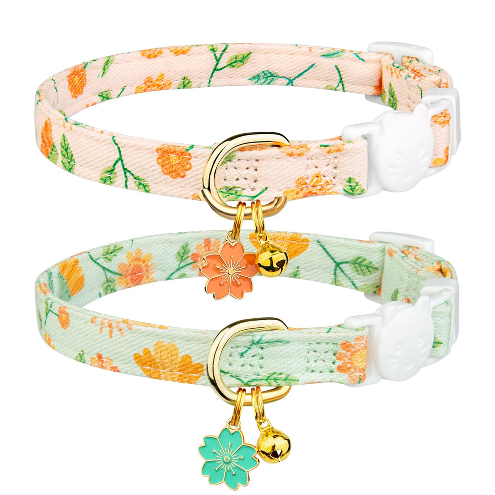 FYEQYAOU cotton breakaway cat collar in green-yellow flowers with bell for safe wear.