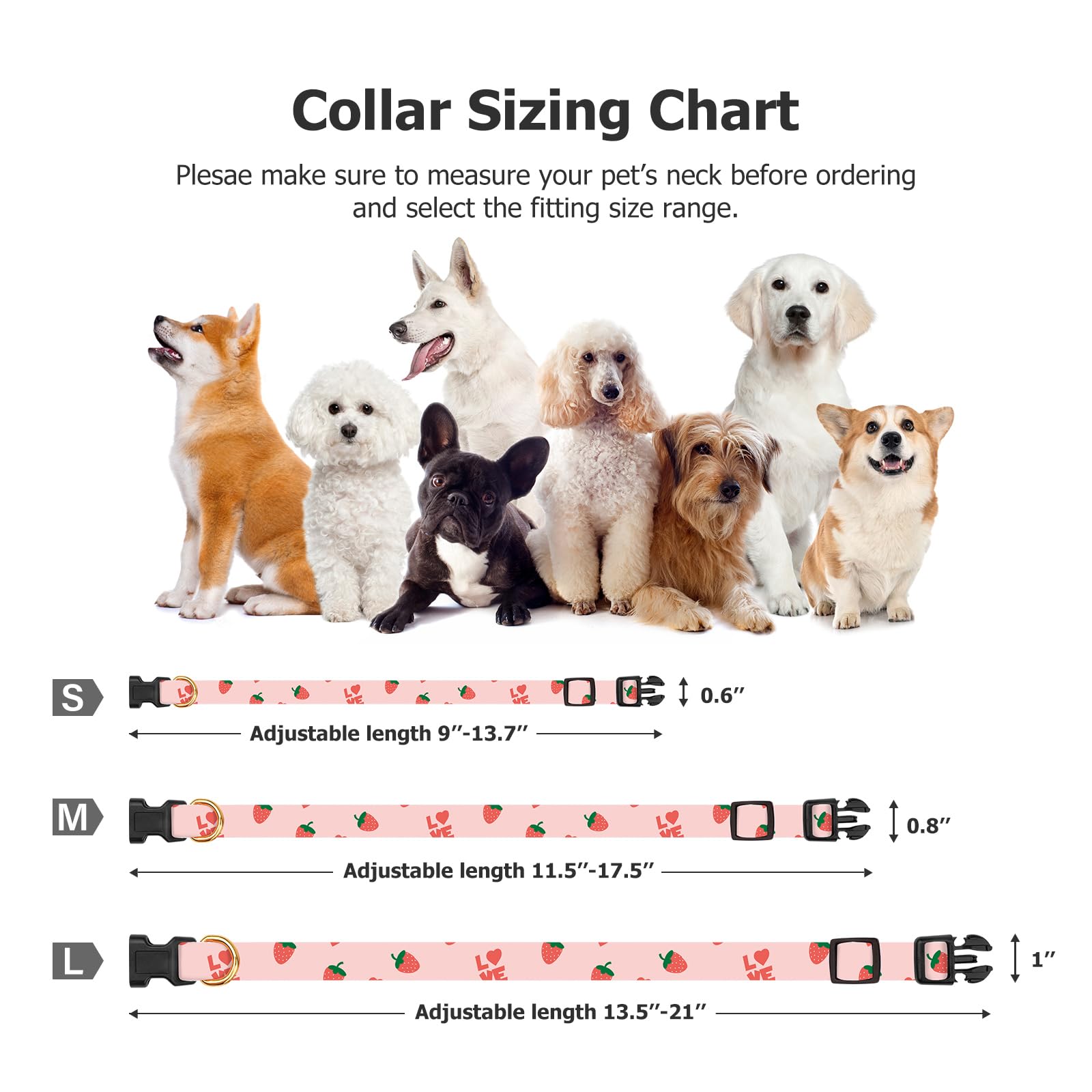 FYEQYAOU collar showing adjustable sizes small to large for growing dogs.