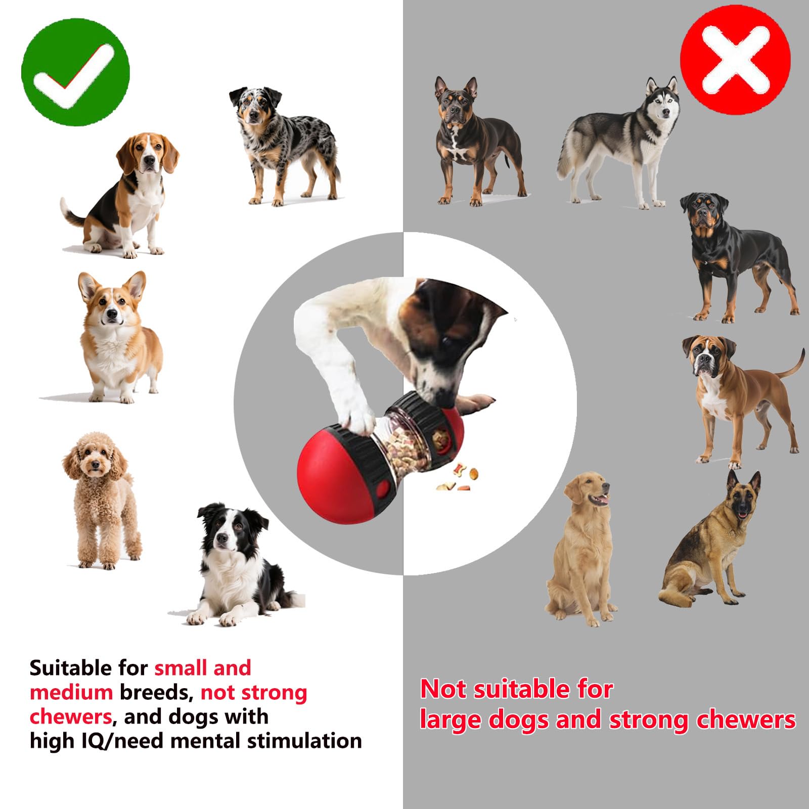 fyfracing interactive treat-dispensing toy side-view illustrates adjustable size for varied treats.