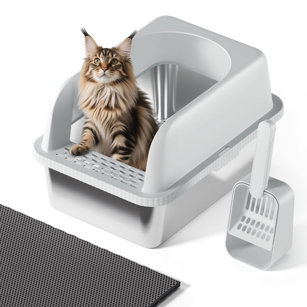 FYLICA stainless steel cat litter box with lid, front view, leak-proof and easy to clean.