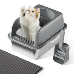 FYLICA stainless-steel cat litter box lid demonstrates leak-proof containment and privacy for cats.