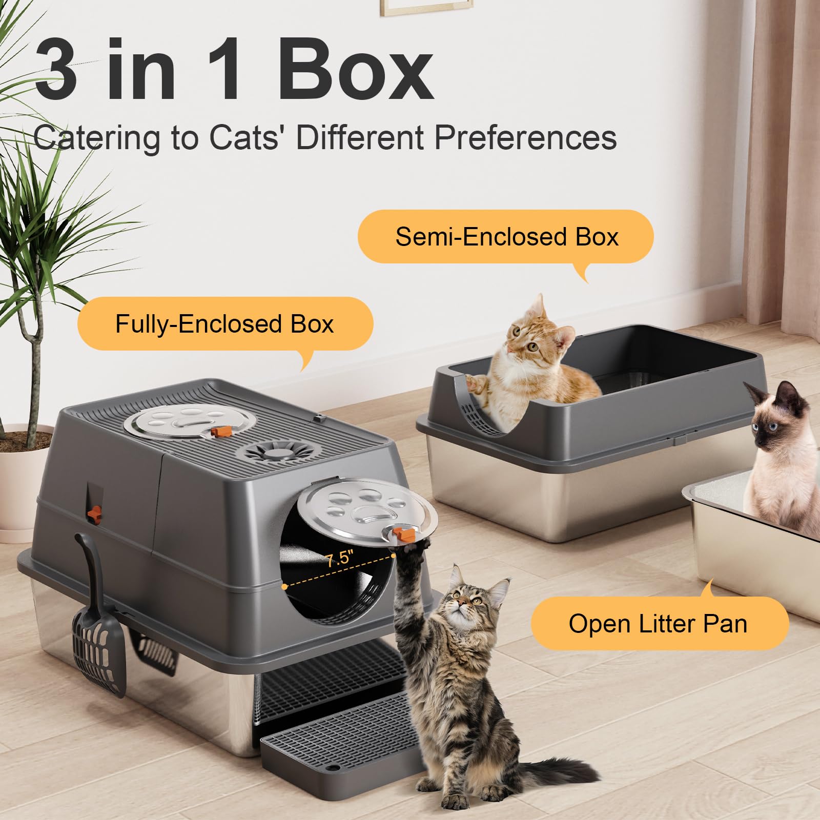 FZGhome litter box with enclosed front demonstrates privacy and odor containment