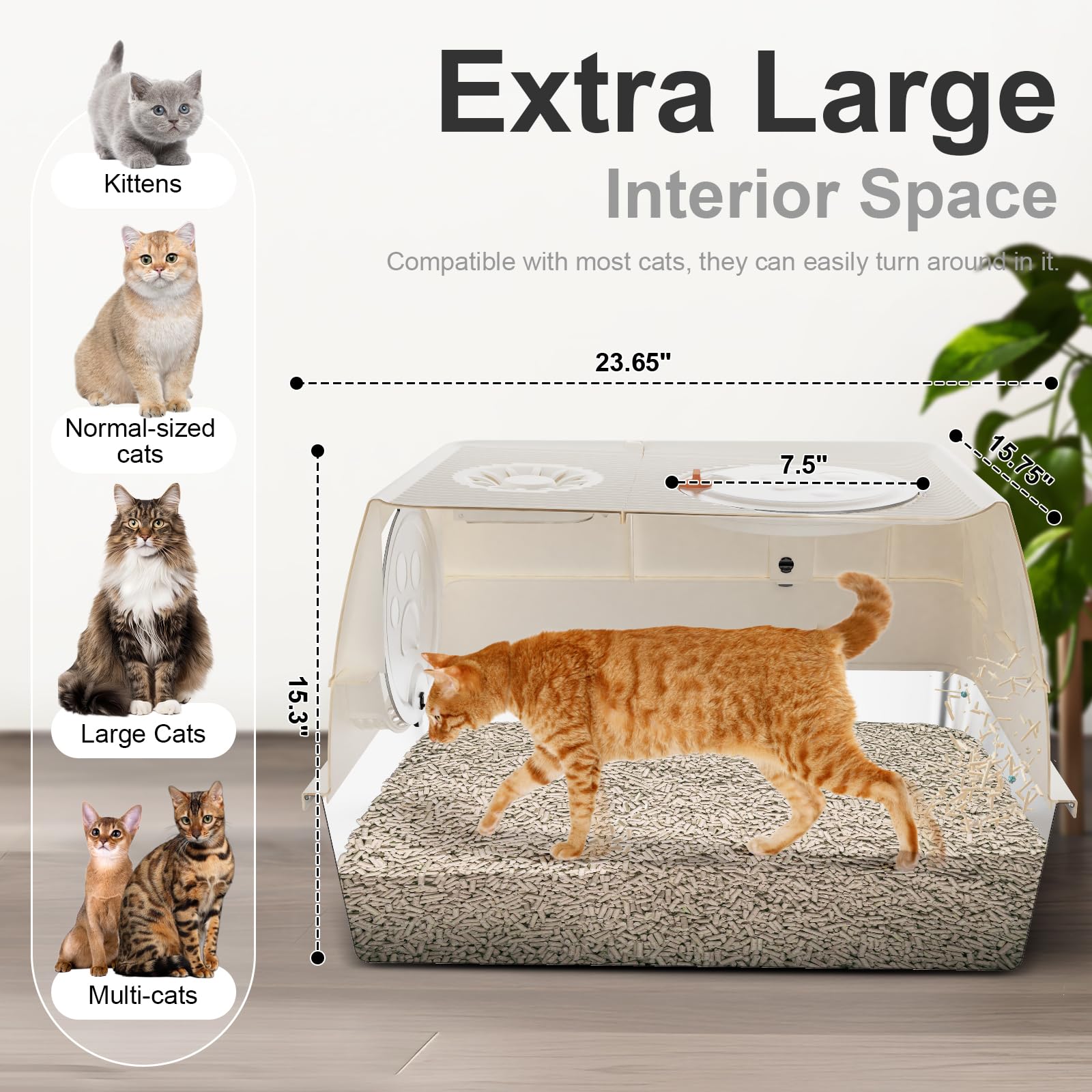 FZGhome stainless steel litter box interior angle highlights roomy space for comfortable turns.