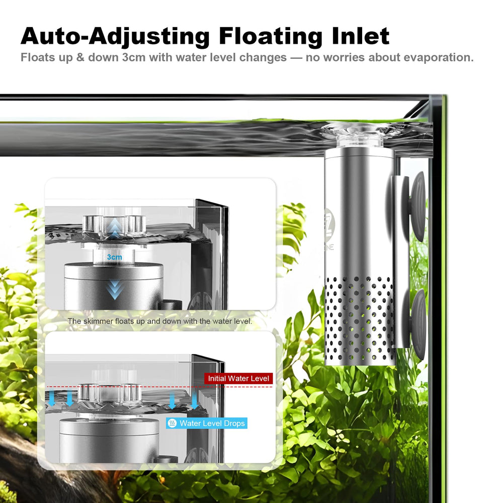 FZONE Aquarium Surface Skimmer floating inlet illustrates auto-adjusting intake and consistent skimming