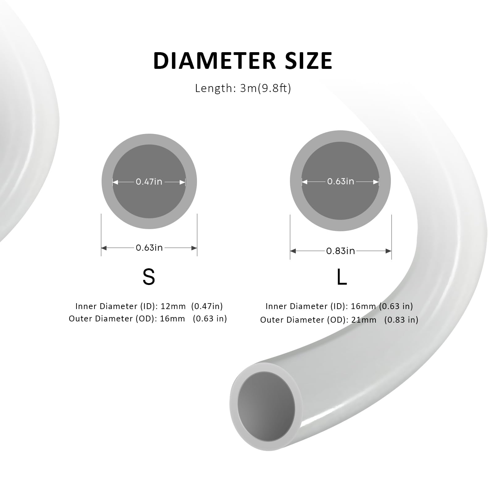 FZONE aquarium tubing 16mm ID, 21mm OD shows measured dimensions and BPA-free safety for aquariums.