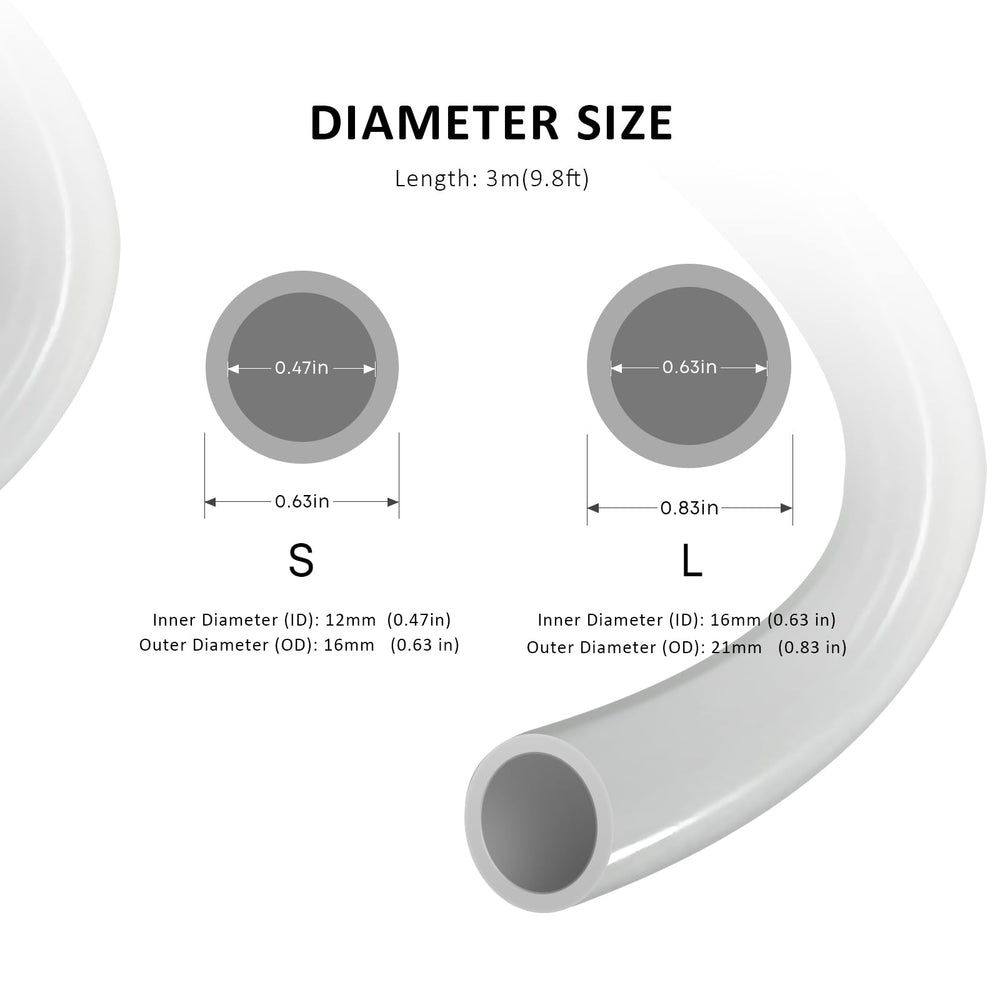 FZONE aquarium tubing 16mm ID, 21mm OD shows measured dimensions and BPA-free safety for aquariums.