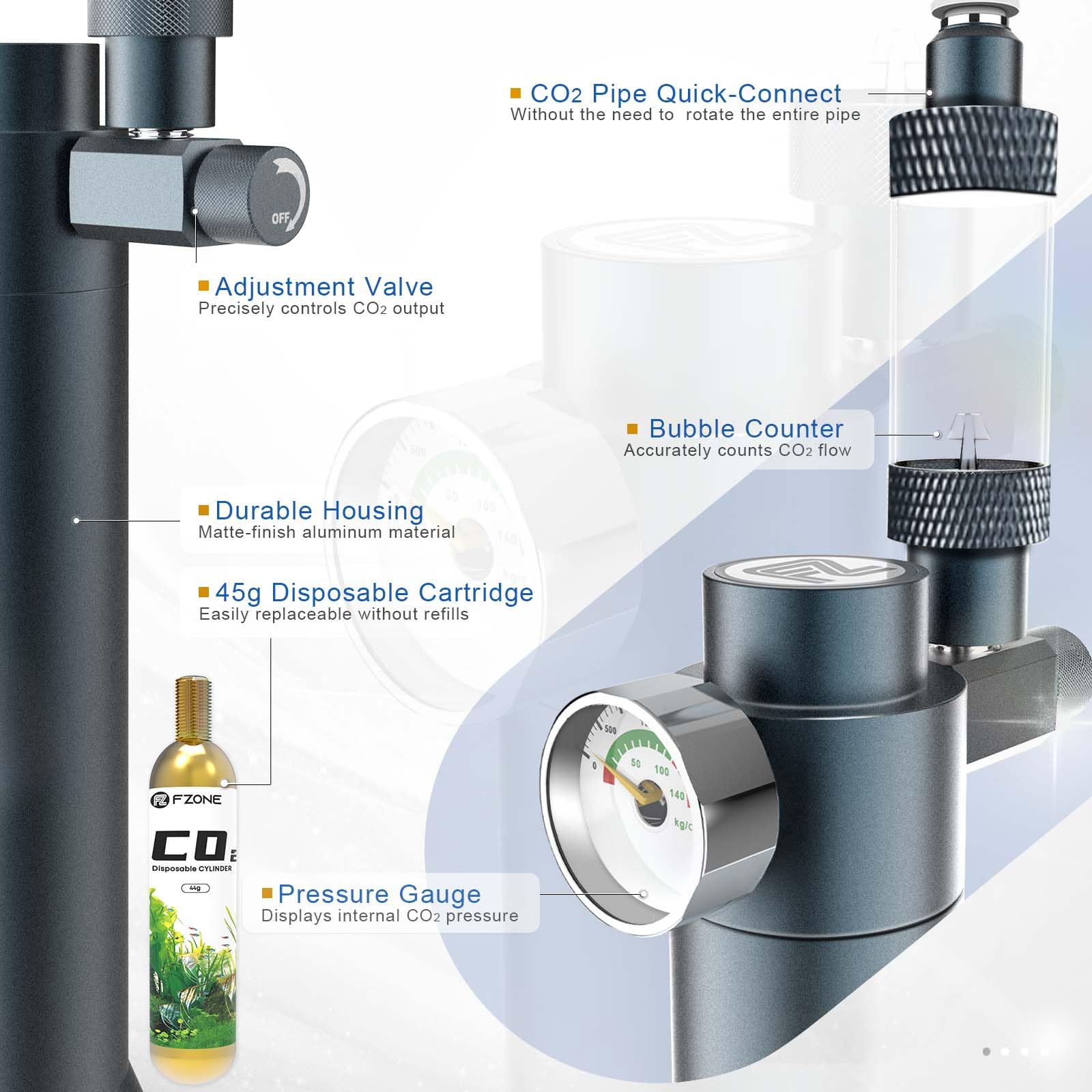 FZONE CO2 regulator with 45g cartridge ready for quick, mess-free setup and minimal maintenance.