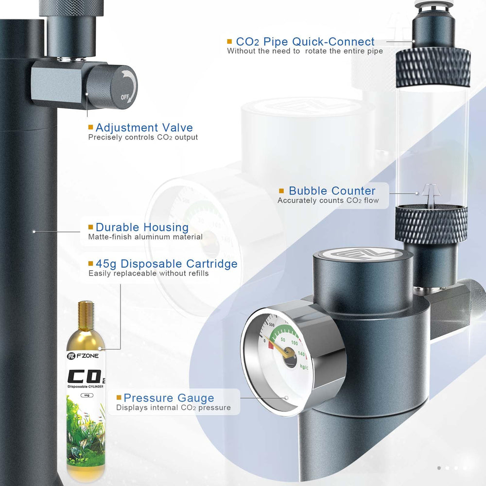 FZONE CO2 regulator with 45g cartridge ready for quick, mess-free setup and minimal maintenance.