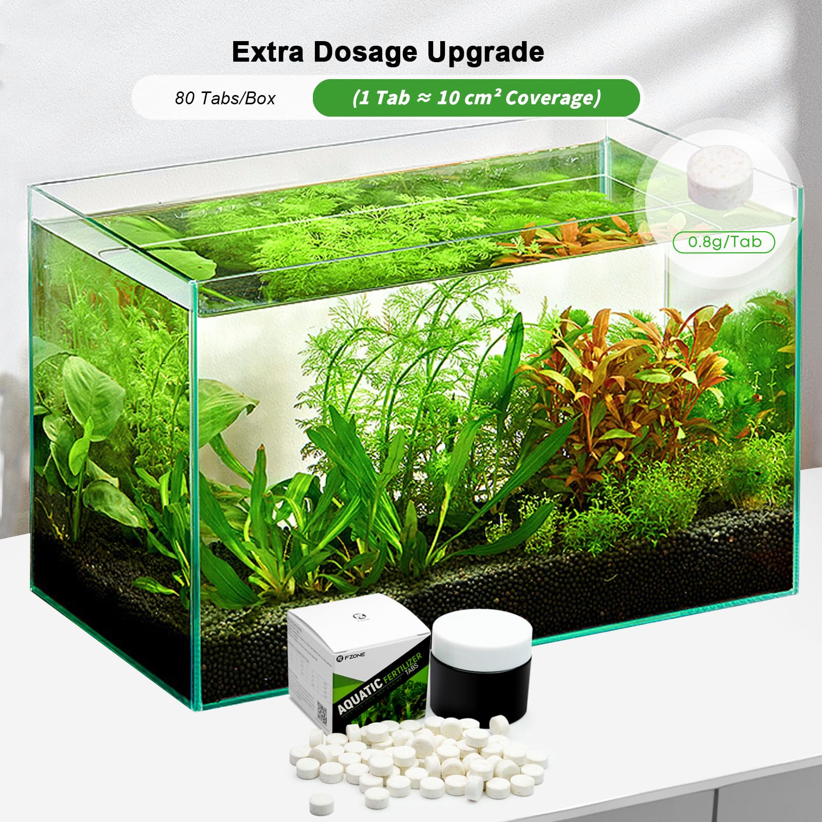 FZONE Root Tabs plant-growth-support image depicting carpet plants thriving with steady nutrients