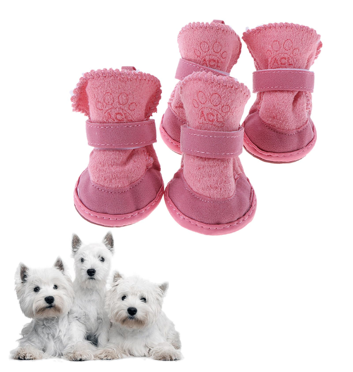 GabeFish pink snow boots on puppy, side view, showing anti-slip traction for snowy walks.
