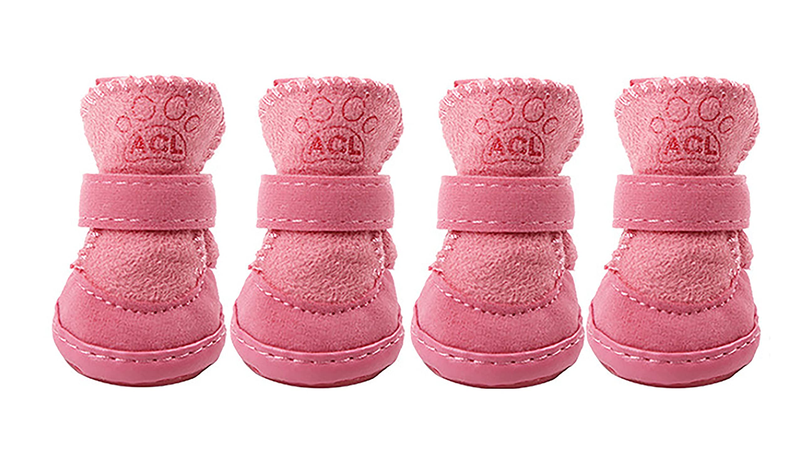 GabeFish pink snow boots close-up, showing washable material and easy on-off design.