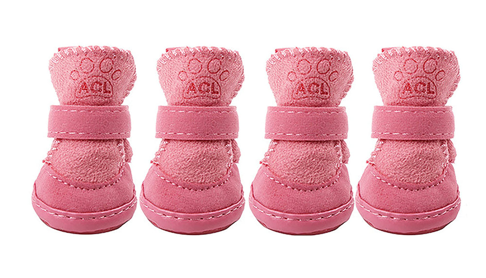 GabeFish pink snow boots close-up, showing washable material and easy on-off design.