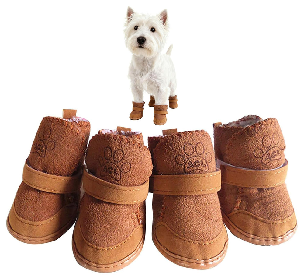 GabeFish Puppy Winter Boots brown XS side view, anti-slip paw protection on snowy days.